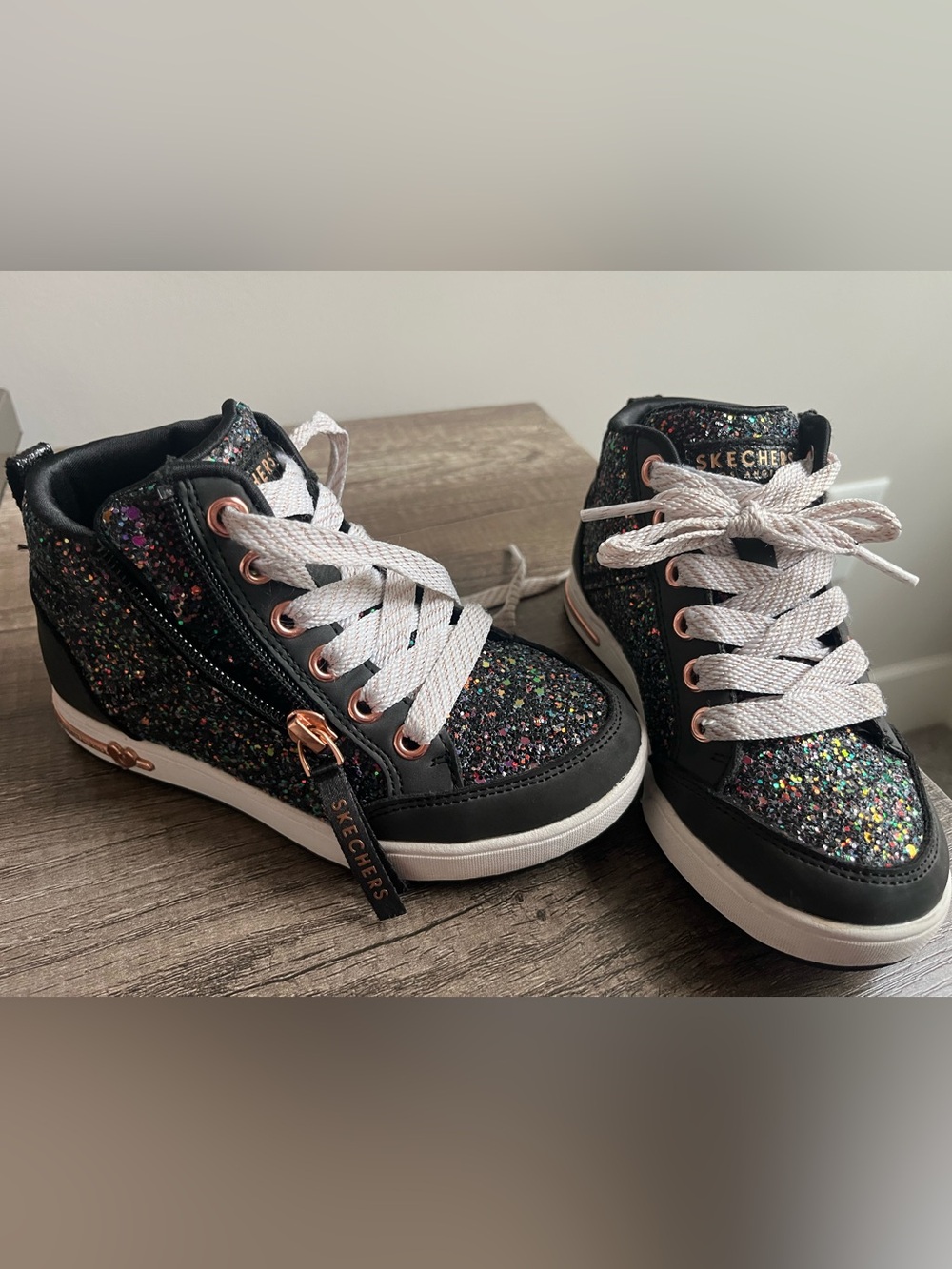 Skechers Kids Black Glitter High-Top Sneakers with Rose Gold Accents